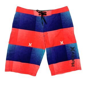 Hurley Phantom Board Shorts Men 30 Red Blue Striped Drawstring Swim Surf Surfing